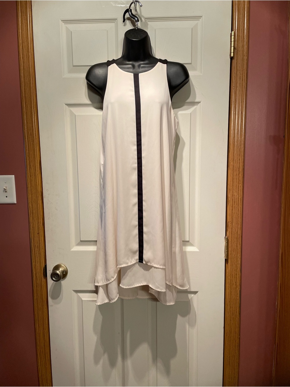 Monteau Cream Sleeveless High-Low Dress with Black Center Stripe